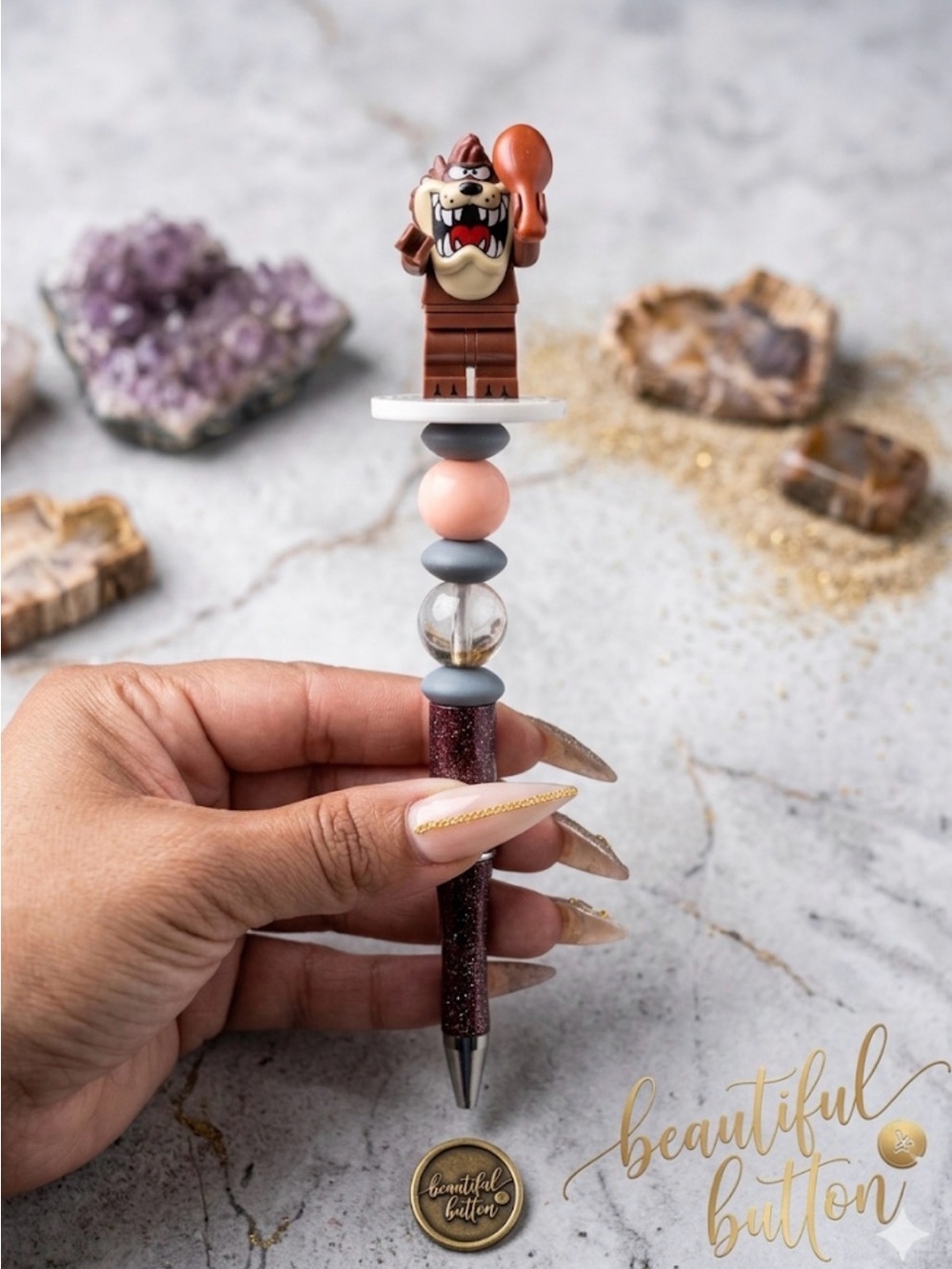 Custom pen Taz Novelty Beaded Pen - Brown & Peach Accent